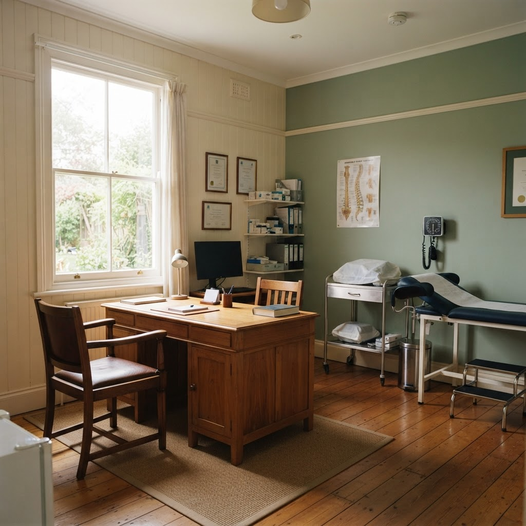 A calm, tidy general practice consultation room with a desk and examination table