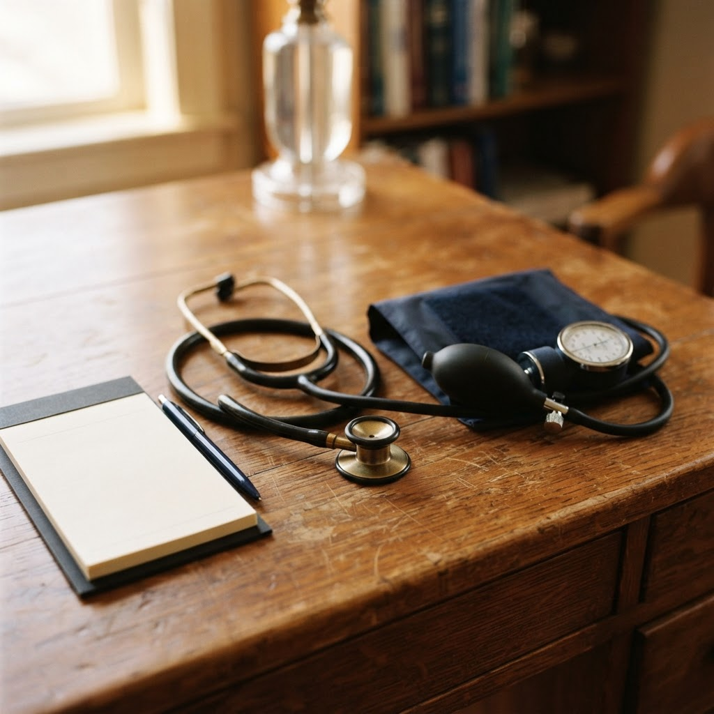 Classic general practitioner tools including a stethoscope and blood pressure cuff arranged on a desk